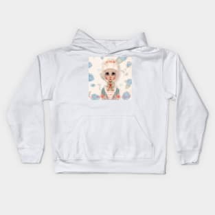 Run As Mad As You Choose Marie Antoinette Portrait With Red Silk Bow Silver Hair Updo With Light Pink Baby Rose Crown And A Light Blue Rose BackGround Done In Anime Style Kids Hoodie